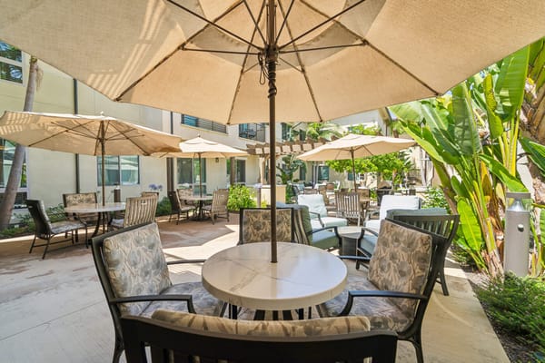 Outdoor seating area with umbrellas and lush greenery