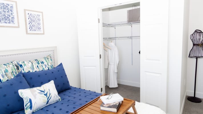 Cozy bedroom with closet and decorative elements