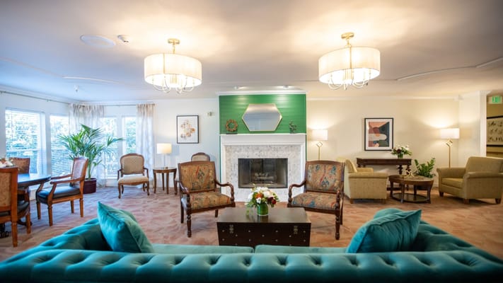 Interior view of a cozy common area with seating