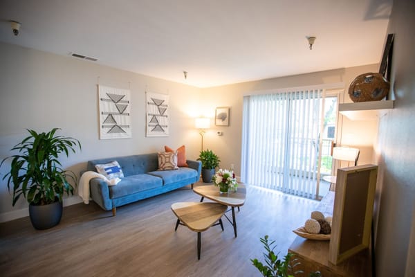 Stylish interior lounge area with seating and natural light