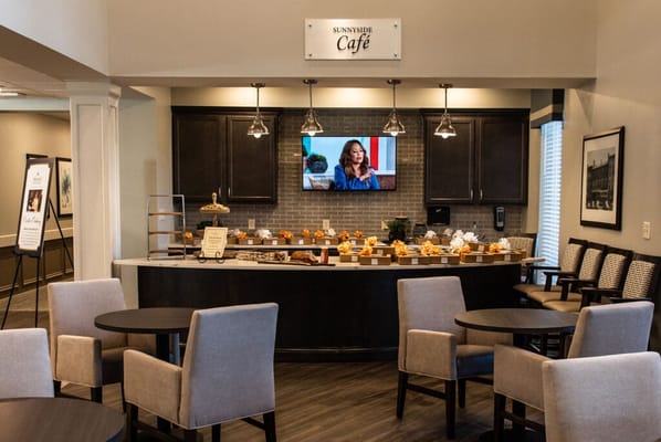 Interior view of a dining area with food setup