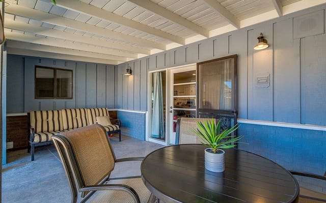 Interior view of a cozy seating area with a table