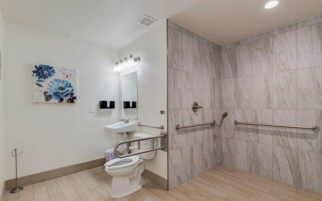 Accessible bathroom with grab bars and floral decor