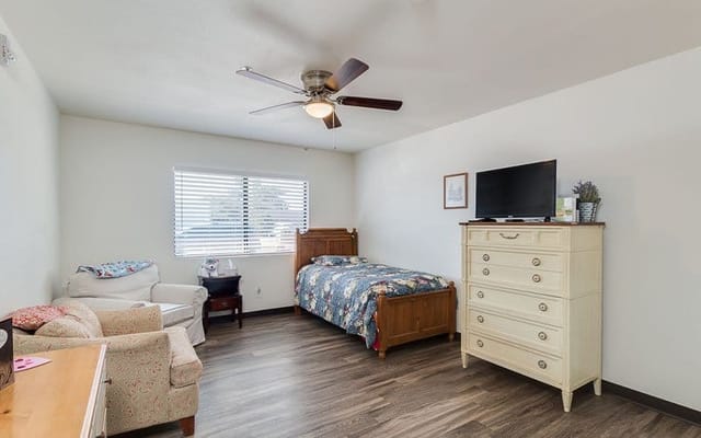 Bright resident room with single bed and armchair