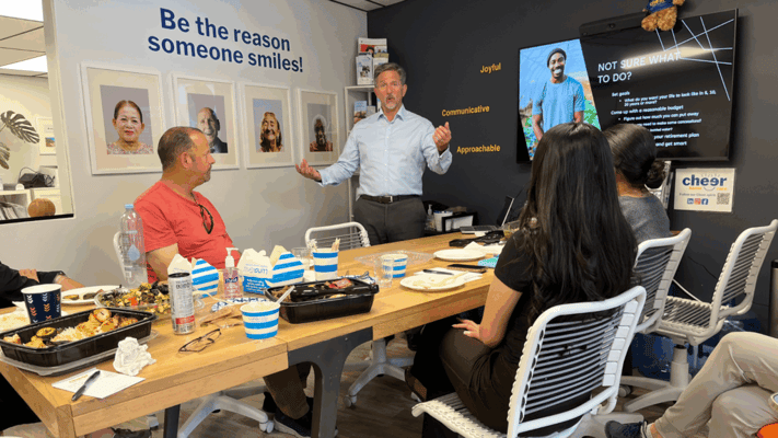 Group discussion during a meal in the facility's meeting room