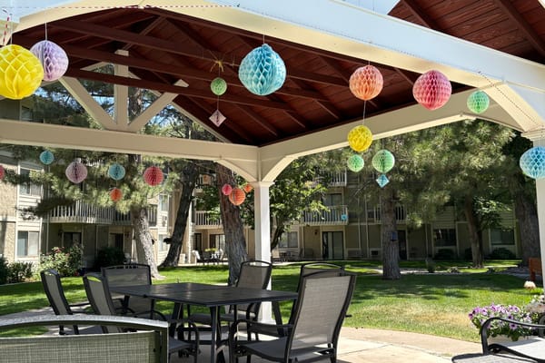 Outdoor patio decorated for a celebration