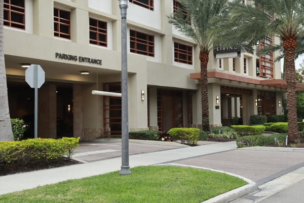 Exterior view of the parking entrance with palm trees