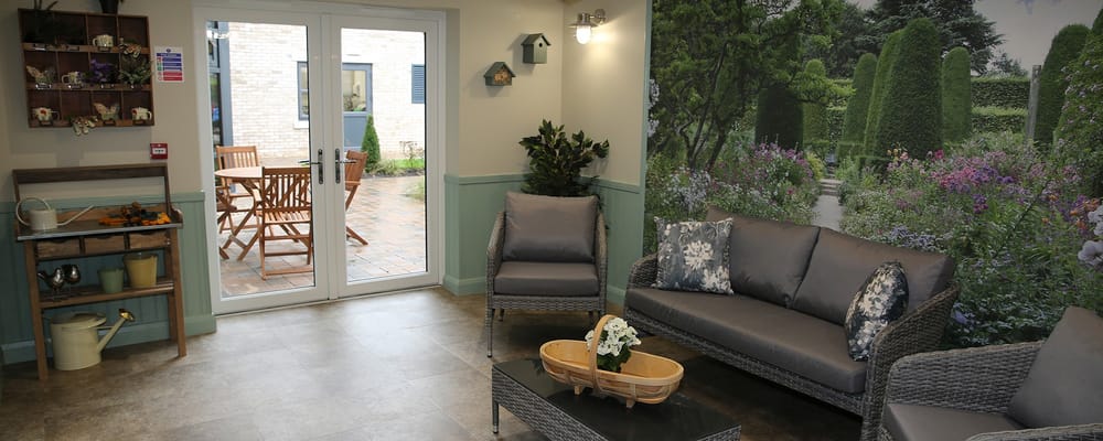 Bright interior of a common area with garden view