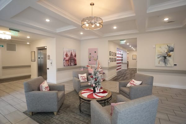 Interior common area with festive decor and seating