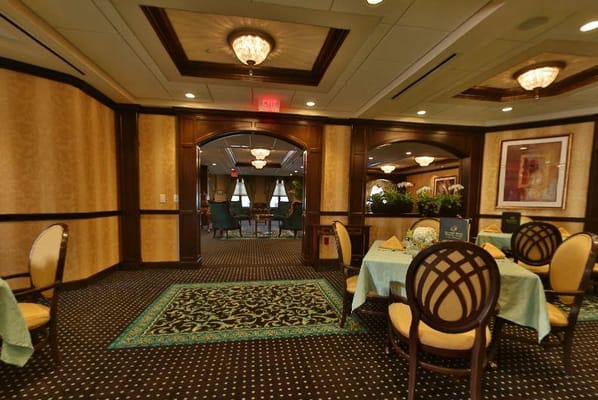 Interior view of a dining area with tables and decor