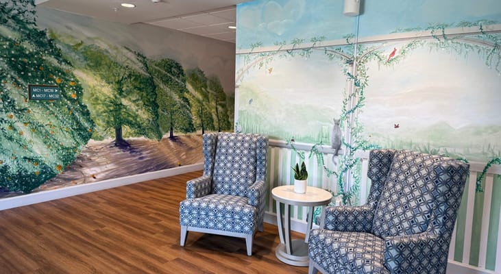 Bright, colorful interior with artistic mural