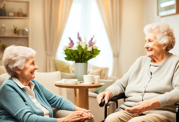 Two elderly women engaged in a conversation in a cozy living space