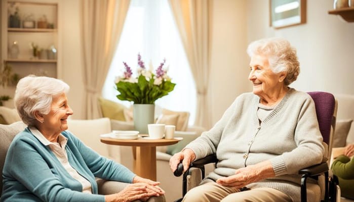 Two senior women enjoying a conversation in a cozy lounge