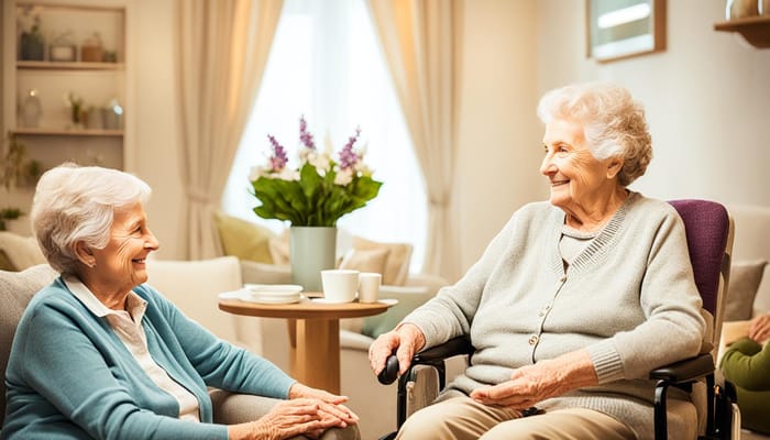 Two senior women enjoying a conversation in a cozy lounge