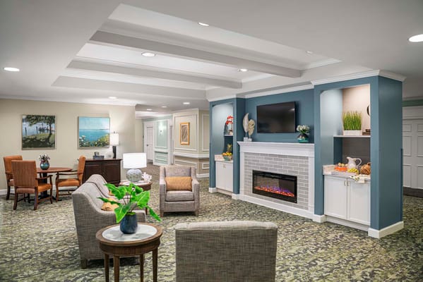 Cozy common area with seating and fireplace