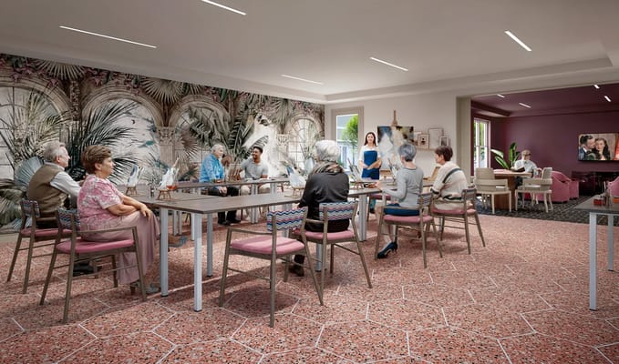 Residents and staff engaging in an art activity