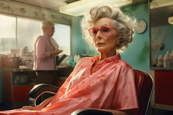 An elderly woman in a salon chair during a hair appointment