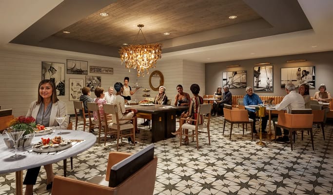 Residents enjoying meals in a stylish dining area.