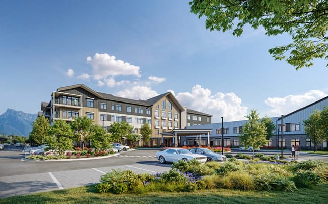 Exterior view of a modern assisted living facility