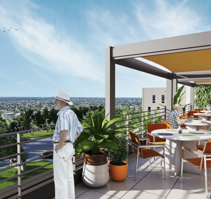 Residents enjoying a scenic outdoor terrace
