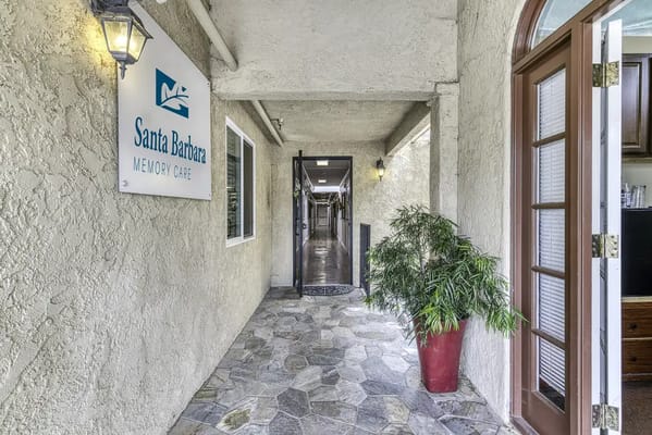 Entrance of Santa Barbara Memory Care with signage