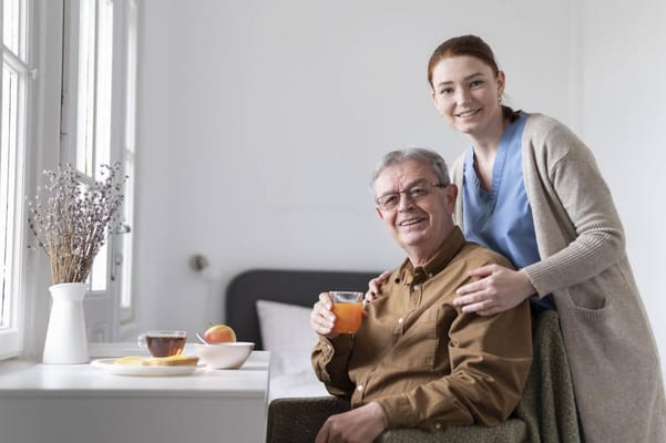 Staff assisting a resident with refreshments