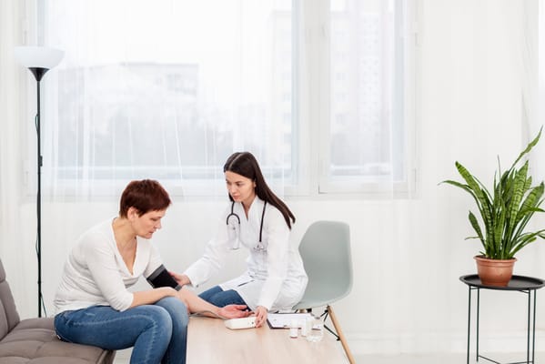 A nurse taking a blood pressure reading for a resident