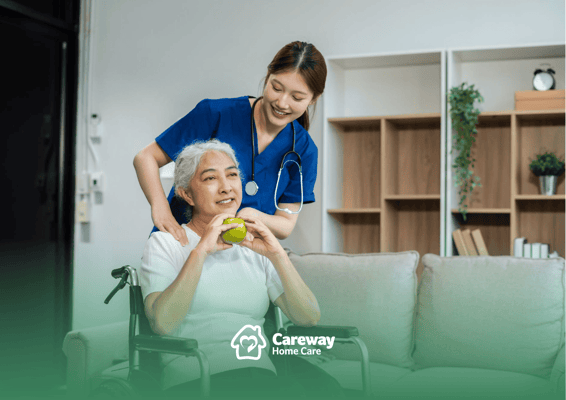 Caregiver assisting senior resident in a cozy living room