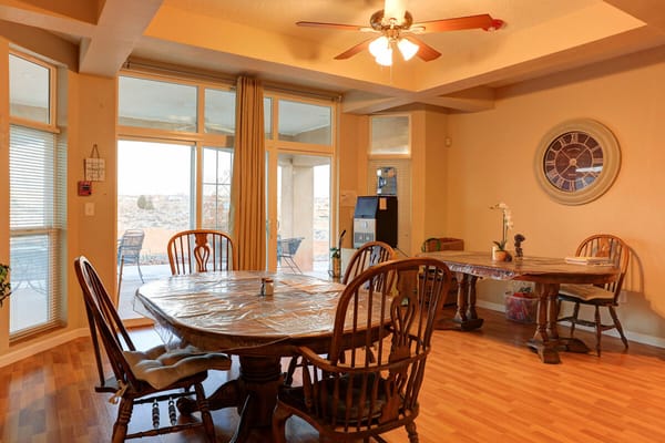 Interior dining area with wooden tables and chairs