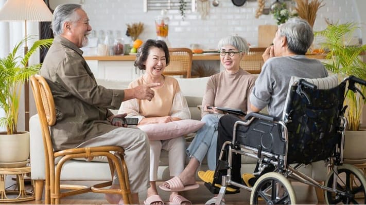 Four seniors enjoying a conversation in a cozy lounge
