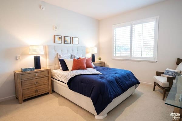 Cozy resident room with warm lighting and decor