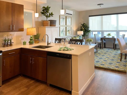 Modern kitchen and dining area in a senior living facility