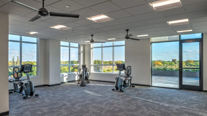 Modern fitness area with exercise equipment and large windows