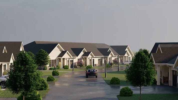 Exterior view of a senior living campus with cottages