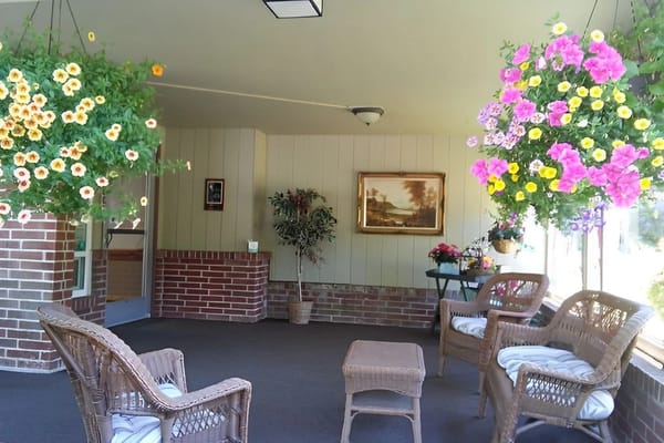 Bright common area with plants and seating