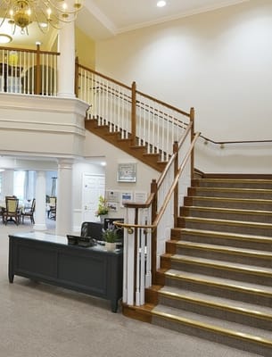Interior view of a lobby with a staircase