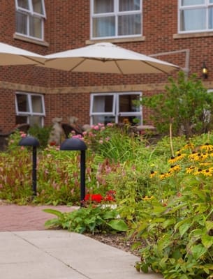 Beautiful garden area with flowers and seating