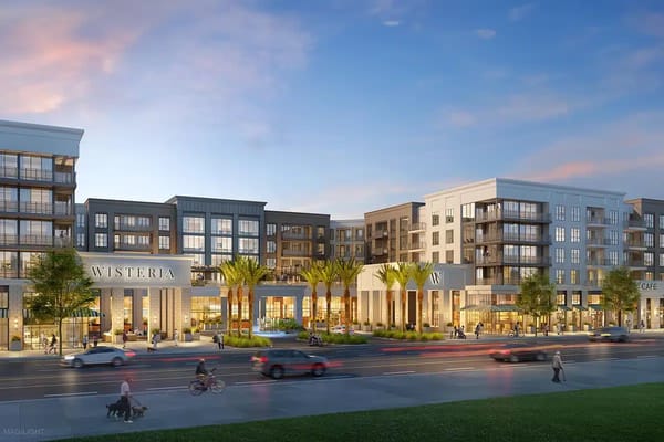 Exterior view of Wisteria facility at sunset