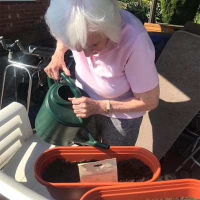 Resident watering plants in an outdoor garden area