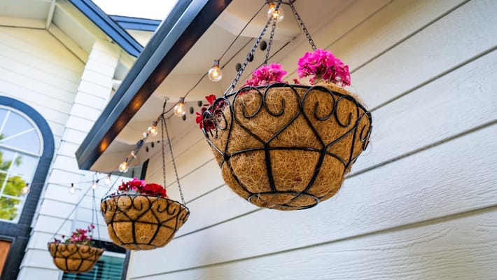 Hanging flower baskets with pink blooms outside a building