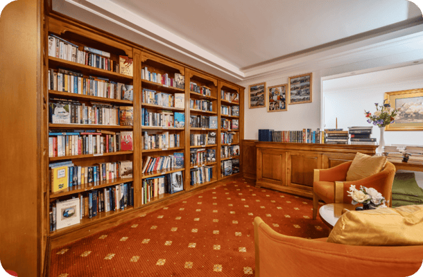Interior view of a cozy library with bookshelves