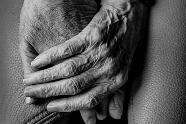 Close-up of elderly hands resting together