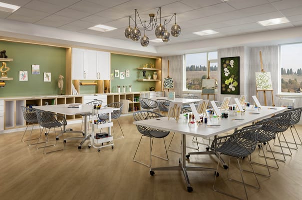 Art activity room with tables and supplies