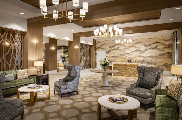 Bright and modern interior common area with seating