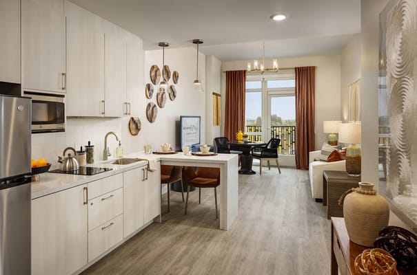 Stylish interior of a senior living kitchenette and living area