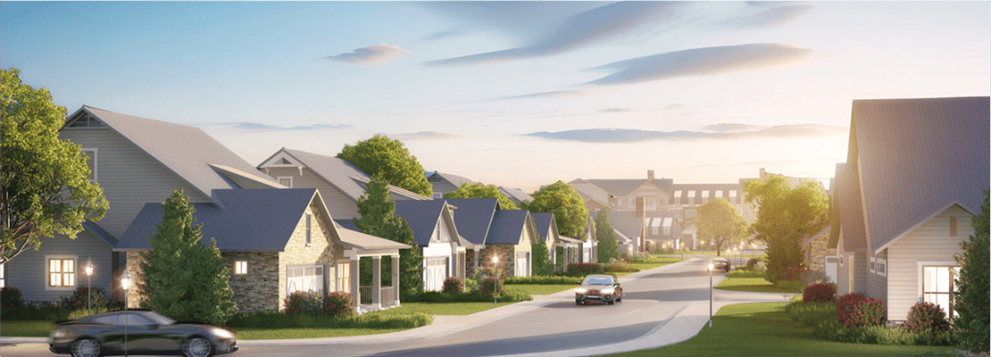Street view of residential homes in a senior living community