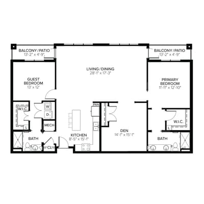 Architectural floor plan of a senior living unit