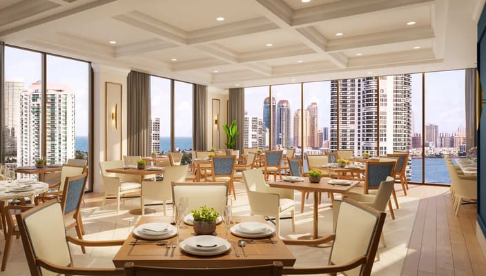 Bright dining room with city views and elegant decor