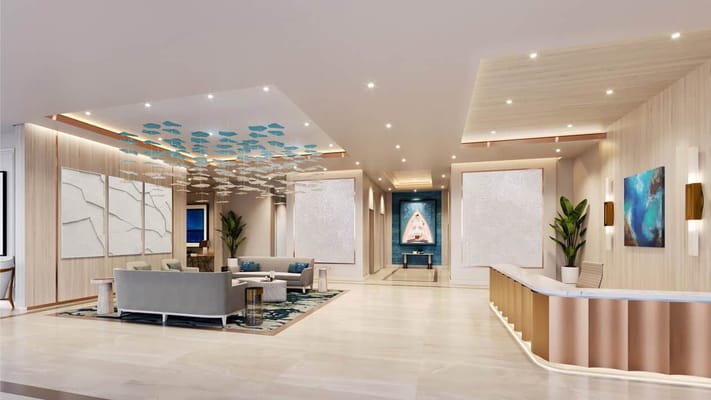 Bright and modern lobby area with seating