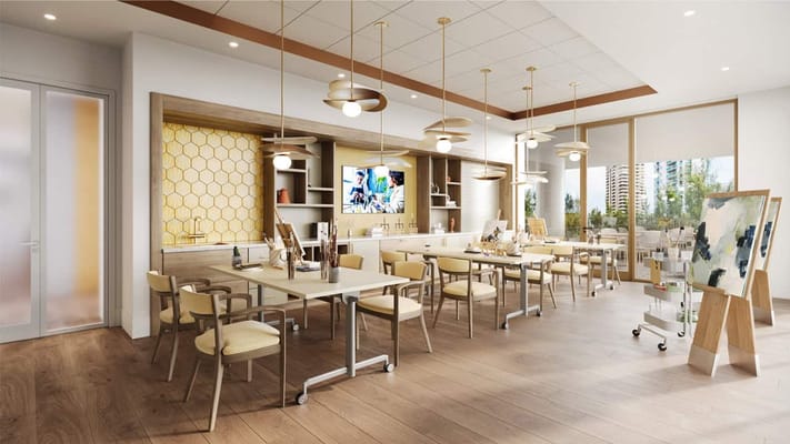 Modern dining room with bright decor and ample seating